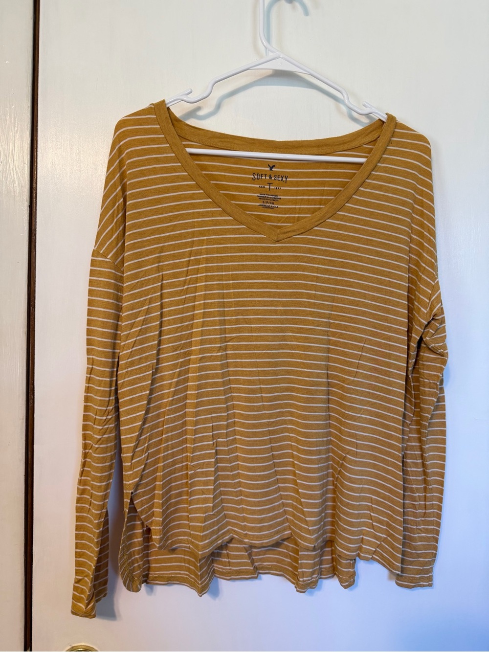 American Eagle Outfitters Mustard and White Striped V-Neck Long Sleeve Top